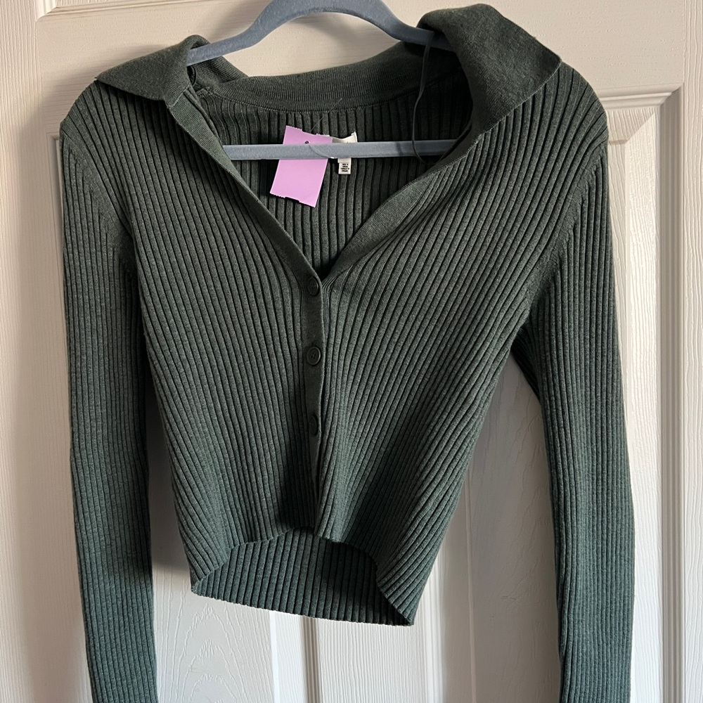 Aerie Ribbed Green Cropped Cardigan